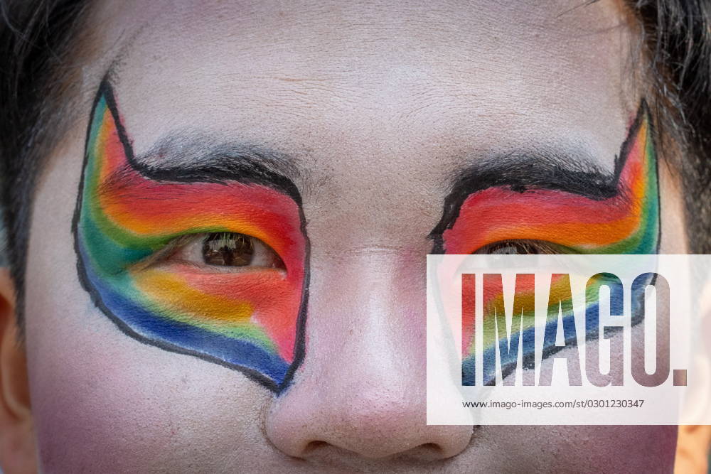 A person s eye makeup is done with rainbows during the Pride Parade at English Bay in Vancouver, B.C., Sunday, Aug. 6, 2023. VANCOUVER CANADA - ZUMAc35_ 20230806_zaf_c35_012