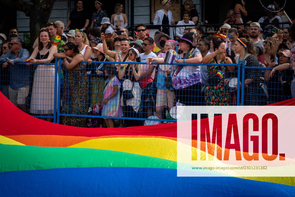 A large flag passes during the Pride Parade at English Bay in Vancouver, B.C., Sunday, Aug. 6, 2023. VANCOUVER CANADA - ZUMAc35_ 20230806_zaf_c35_020