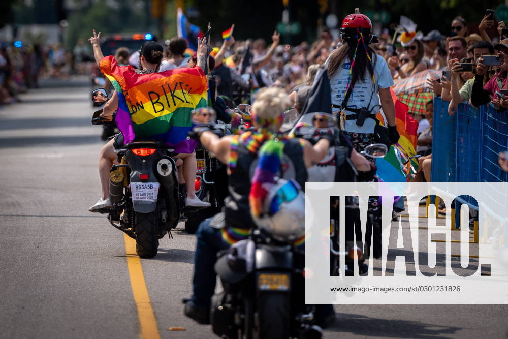 Motorcycle group öÄuDykes on BikesöÄÃ¹ passes during the Pride Parade at English Bay in Vancouver, B.C., Sunday, Aug. 6, 2023. VANCOUVER CANADA - ZUMAc35_ 20230806_zaf_c35_025