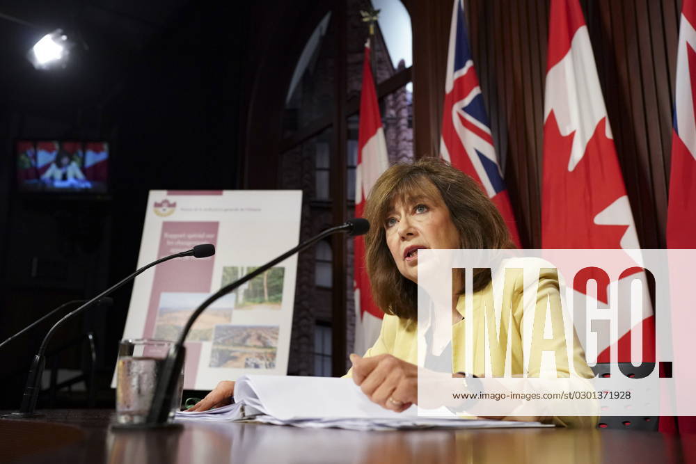 Ontario Auditor General Bonnie Lysyk speaks to the media during a press conference regarding her Special Report on Changes to the Greenbelt, at Queens Park, in Toronto, Wednesday, Aug. 9, 2023. Toronto Canada - ZUMAc35_ 20230809_zaf_c35_015
