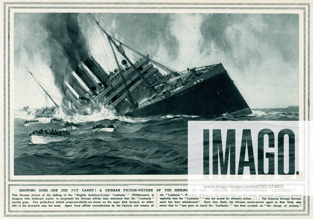 German s showing guns on the Lusitania 1915 The sinking of the Cunard ocean liner RMS Lusitania occurred on 7 May 1915 during the First World War, by a German U-boat, hitting the Lusitania twice with torpedoes, sinking within 18 minutes, killing 1198 passengers. Germany released a false statement that the Lusitania carried guns, with two quick-fires behind armoured-shields are shown on the upper deck forward, on either side of the forecastle near bows. Date: 7 May 1915