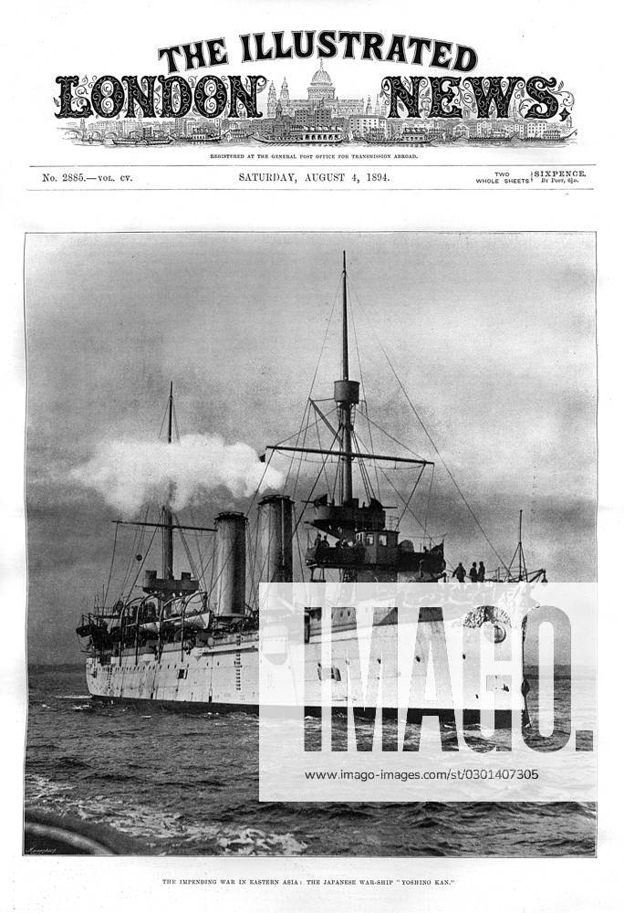 Japanese warship Yoshino Kan, 1894 First Sino-Japanese War (1st August 1894 ? 17th April 1895). The Japanese warship Yoshino Kan on the cover of the Illustrated London News, 4th August 1894. The first Sino-Japanese War was fought primarily for control of Korea between the Empire of Japan and the Qing Empire of China. Date: 1894