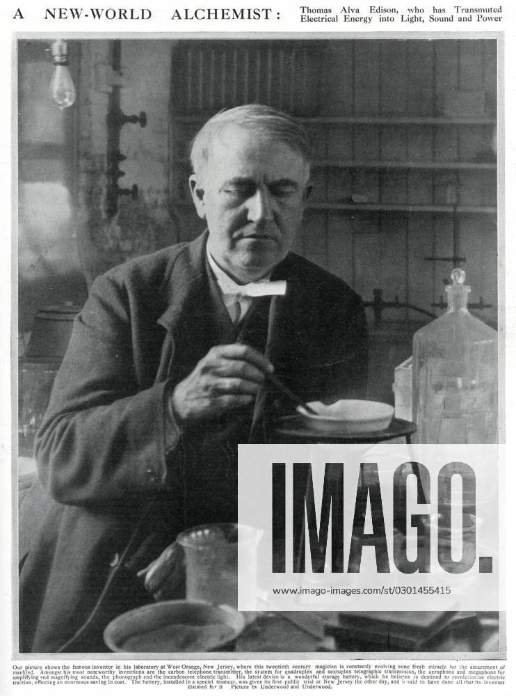 Thomas Edison Thomas Alva Edison (1847 - 1931), American inventor and businessman, who has been described as America s greatest inventor. Photograph showing Edison in his laboratory at West Orange, New Jersey, working on the battery installed in a special tramcar. Date: 1910