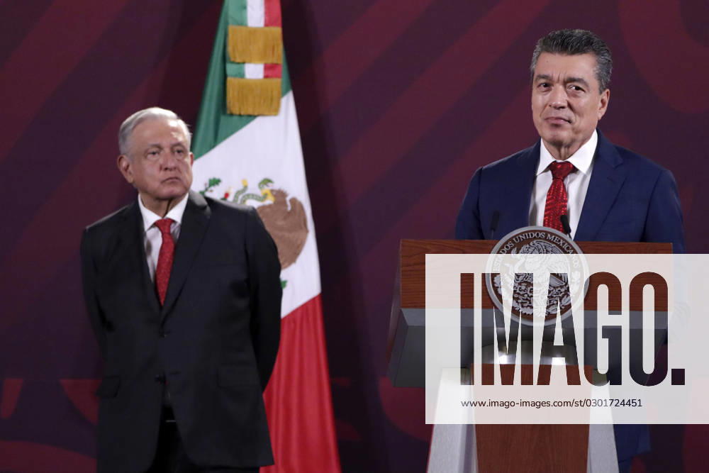 Mexiko, Andres Manuel Lopez Obrador Pressekonferenz August 14, 2023, Mexico City, Mexico: Governor of the state of Chiapas, Rutilio Escandon, at the press conference with the President of Mexico, Andres Manuel Lopez Obrador, at the press conference at the National Palace in Mexico City . on August 14, 2023 in Mexico City, Mexico Mexico City Mexico - ZUMAe321 20230814_zia_e321_011
