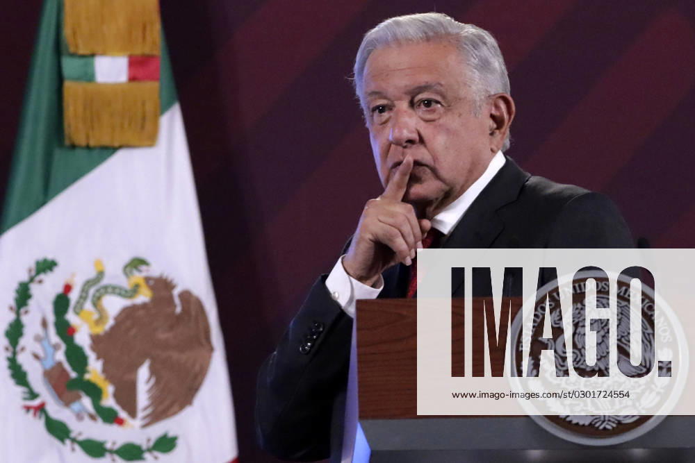 Mexiko, Andres Manuel Lopez Obrador Pressekonferenz August 14, 2023, Mexico City, Mexico: The President of Mexico, Andres Manuel Lopez Obrador at the press conference at the National Palace in Mexico City. on August 14, 2023 in Mexico City, Mexico Mexico City Mexico - ZUMAe321 20230814_zia_e321_019
