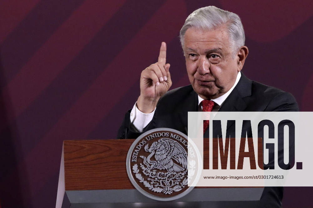 Mexiko, Andres Manuel Lopez Obrador Pressekonferenz August 14, 2023, Mexico City, Mexico: The President of Mexico, Andres Manuel Lopez Obrador at the press conference at the National Palace in Mexico City. on August 14, 2023 in Mexico City, Mexico Mexico City Mexico - ZUMAe321 20230814_zia_e321_022