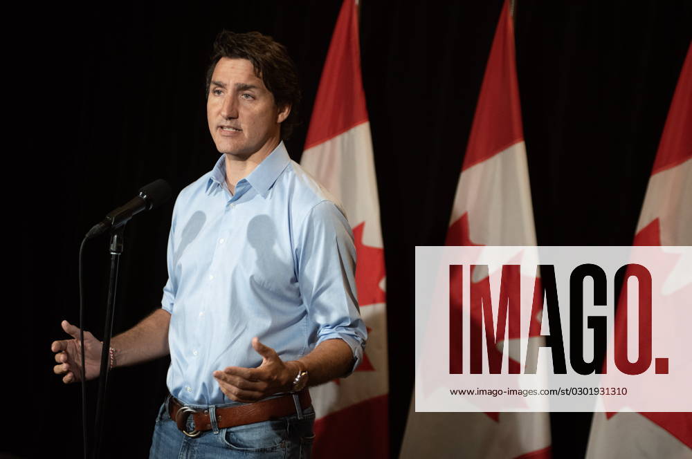 Prime Minister Justin Trudeau makes a statement about the wildfires in Western Canada in Charlottetown, Sunday, Aug. 20, 2023. He and the rest of his cabinet is in the city for a retreat beginning Monday. Charlottetown CANADA - ZUMAc35_ 20230820_zaf_c35_038