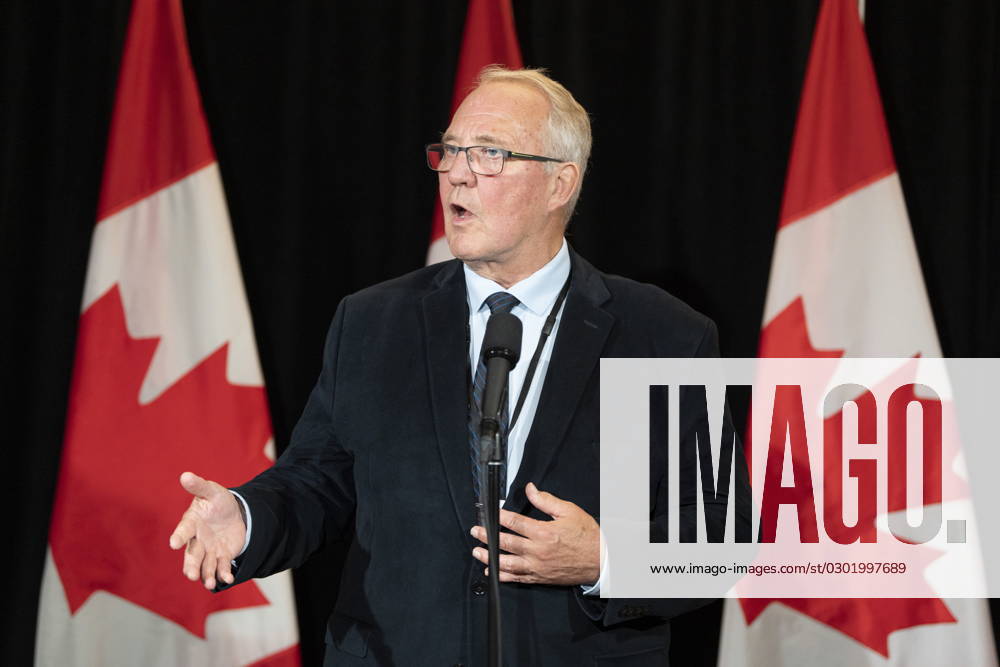 Minister of National Defence Bill Blair speaks to reporters during the Liberal Cabinet retreat in Charlottetown, Monday, Aug. 21, 2023. Charlottetown Canada - ZUMAc35_ 20230821_zaf_c35_089