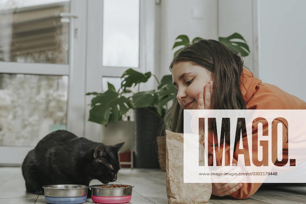 Smiling girl watching cat eating food at home model released, Symbolfoto property released, OSF01962