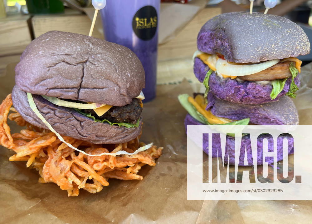 Ube Bun Burgers Ube bun burgers displayed at a food stall during the Taste of Manila Food Festival in Toronto, Ontario, Canada, on August 20, 2023. The festival took place in the area is also popularly known as Little Manila, and is the largest Filipino food festival in Toronto. Authentic Filipino cuisine is the biggest highlight of the festival, offering thousands of attendees a chance to try lumpia, halo halo, lechon, pancit, and other traditional food delights. Toronto Ontario Canada