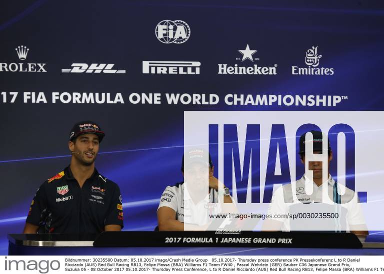 Thursday press conference PK Pressekonferenz L to R Daniel Ricciardo (AUS) Red Bull Racing RB13, Felipe Massa (BRA) Williams F1 Team FW40 , Pascal Wehrlein (GER) Sauber C36 Japanese Grand Prix, Suzuka 05 - 08 October 2017 05.10.2017- Thursday Press Conference, L to R Daniel Ricciardo (AUS) Red Bull Racing RB13, Felipe Massa (BRA) Williams F1 Team FW40 , Pascal Wehrlein (GER) Sauber C36