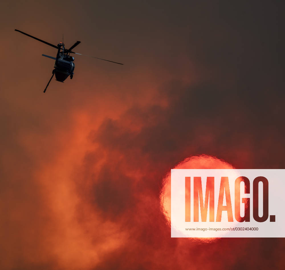 A firefighting helicopter battles the Cougar Creek Wildfire burning in the Tyee Ridge Complex in a rural area northwest of Roseburg Oregon. 183 people have been evacuated due to the blazes which were started by a series of lighting strikes on August 24th. The complex has burned about 3,000 acres and is 5% contained. Fifteen helicopter and 904 people are assigned to the fires which are burning in steep mountainous areas. Roseburg USA - ZUMAl31_ 20230829_zaf_l31_007