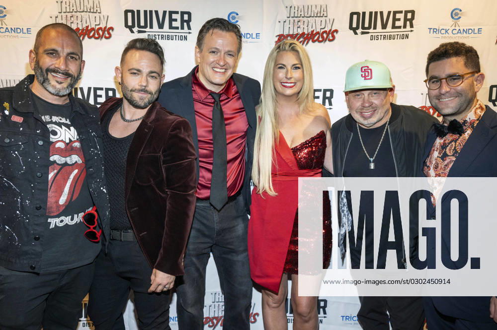 Judah Ray, David Josh Lawrence, Tom Malloy, Courtney Warner, Vince Lozano and Charlie Shrem at the premiere of the feature film Trauma Therapy Psychosis at the Fine Arts Theatre Beverly Hills, 30 08 2023. Foto:xE.xPowersx xFuturexImagex trauma_3821