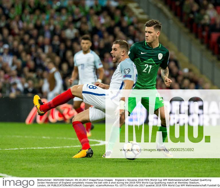 England v Slovenia 2018 FIFA World Cup WM Weltmeisterschaft Fussball Qualifying Jordan Henderson of England completely misses the ball with a shot during the 2018 FIFA World Cup Qualifying match at Wembley Stadium, London, UK Content Not Available For UK Newspapers