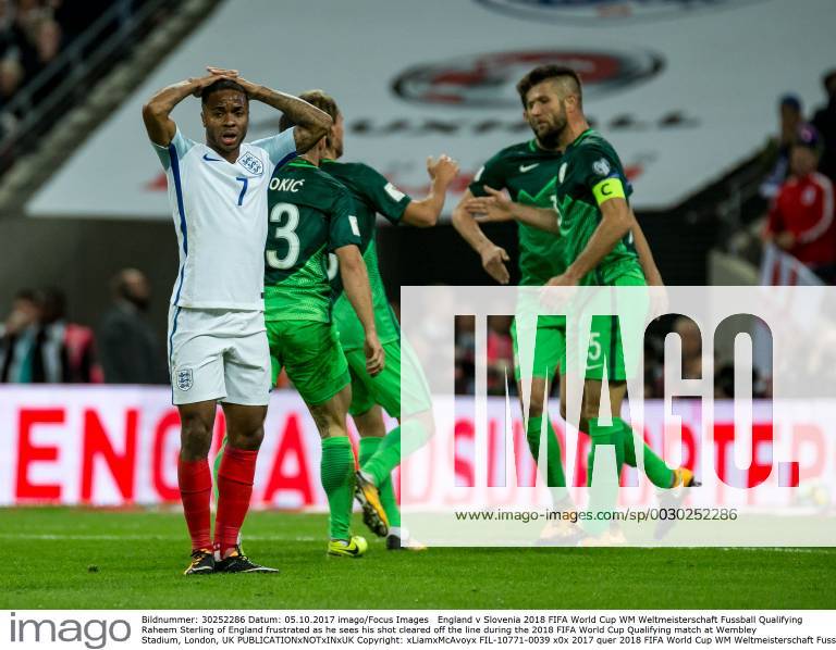England v Slovenia 2018 FIFA World Cup WM Weltmeisterschaft Fussball Qualifying Raheem Sterling of England frustrated as he sees his shot cleared off the line during the 2018 FIFA World Cup Qualifying match at Wembley Stadium, London, UK Content Not Available For UK Newspapers