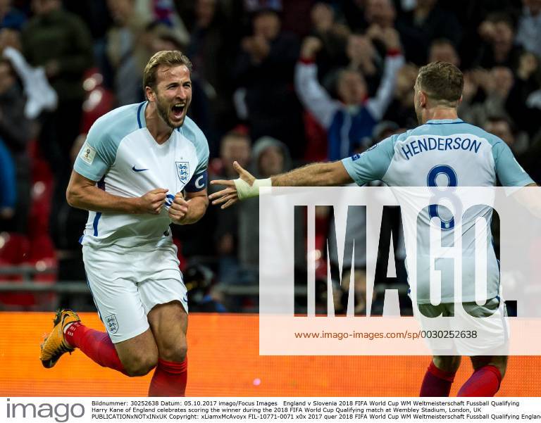 England v Slovenia 2018 FIFA World Cup WM Weltmeisterschaft Fussball Qualifying Harry Kane of England celebrates scoring the winner during the 2018 FIFA World Cup Qualifying match at Wembley Stadium, London, UK Content Not Available For UK Newspapers
