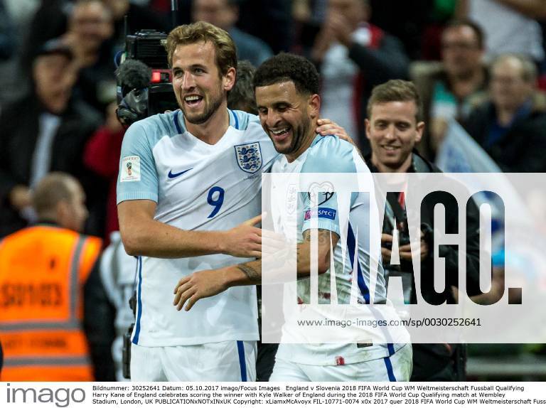England v Slovenia 2018 FIFA World Cup WM Weltmeisterschaft Fussball Qualifying Harry Kane of England celebrates scoring the winner with Kyle Walker of England during the 2018 FIFA World Cup Qualifying match at Wembley Stadium, London, UK Content Not Available For UK Newspapers
