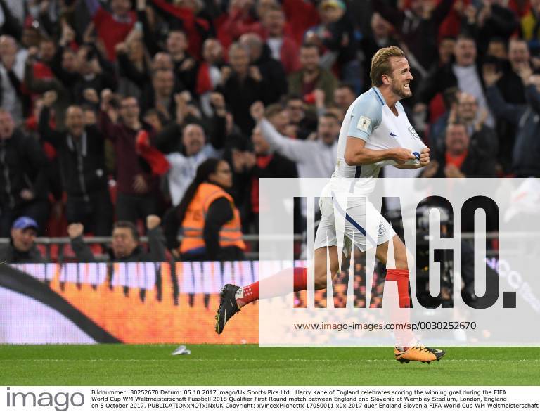 Harry Kane of England celebrates scoring the winning goal during the FIFA World Cup WM Weltmeisterschaft Fussball 2018 Qualifier First Round match between England and Slovenia at Wembley Stadium, London, England on 5 October 2017.