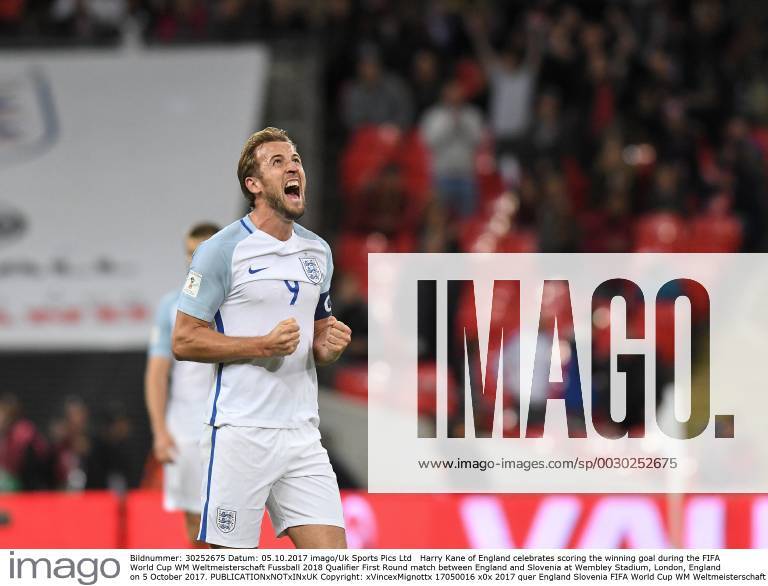 Harry Kane of England celebrates scoring the winning goal during the FIFA World Cup WM Weltmeisterschaft Fussball 2018 Qualifier First Round match between England and Slovenia at Wembley Stadium, London, England on 5 October 2017.