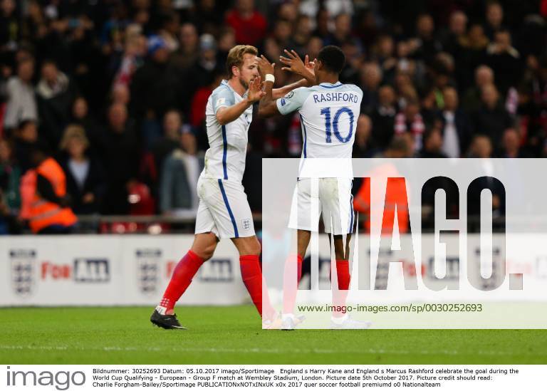 England s Harry Kane and England s Marcus Rashford celebrate the goal during the World Cup Qualifying - European - Group F match at Wembley Stadium, London. Picture date 5th October 2017. Picture credit should read: Charlie Forgham-Bailey Sportimage .