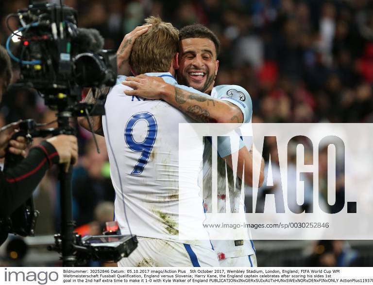 5th October 2017, Wembley Stadium, London, England; FIFA World Cup WM Weltmeisterschaft Fussball Qualification, England versus Slovenia; Harry Kane, the England captain celebrates after scoring his sides 1st goal in the 2nd half extra time to make it 1-0 with Kyle Walker of England ActionPlus11937894
