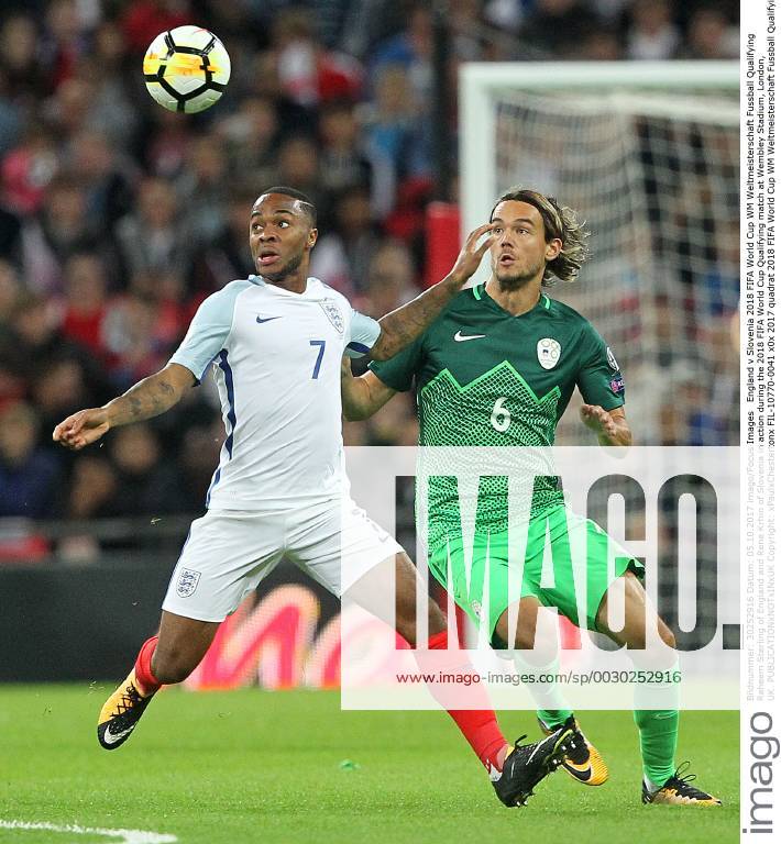 England v Slovenia 2018 FIFA World Cup WM Weltmeisterschaft Fussball Qualifying Raheem Sterling of England and Rene Krhin of Slovenia in action during the 2018 FIFA World Cup Qualifying match at Wembley Stadium, London, UK. Content Not Available For UK Newspapers