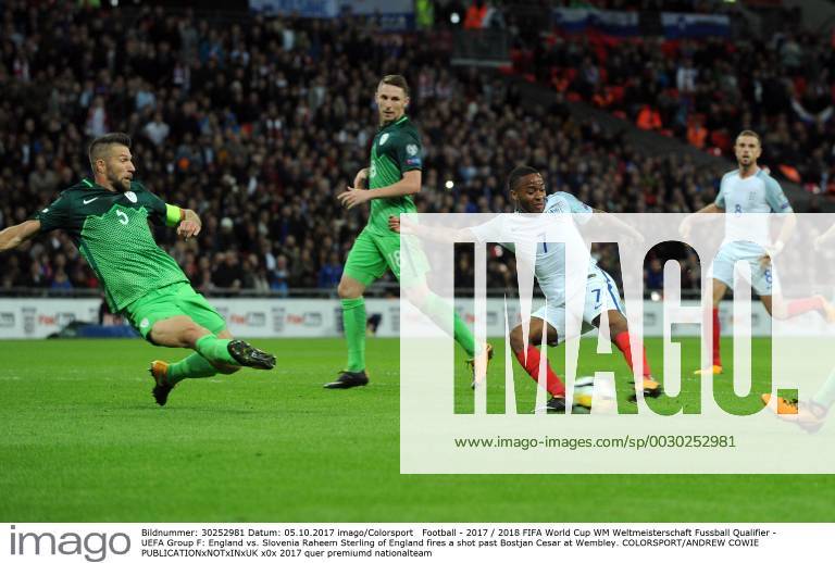 Football - 2017 2018 FIFA World Cup WM Weltmeisterschaft Fussball Qualifier - UEFA Group F: England vs. Slovenia Raheem Sterling of England fires a shot past Bostjan Cesar at Wembley. COLORSPORT ANDREW COWIE