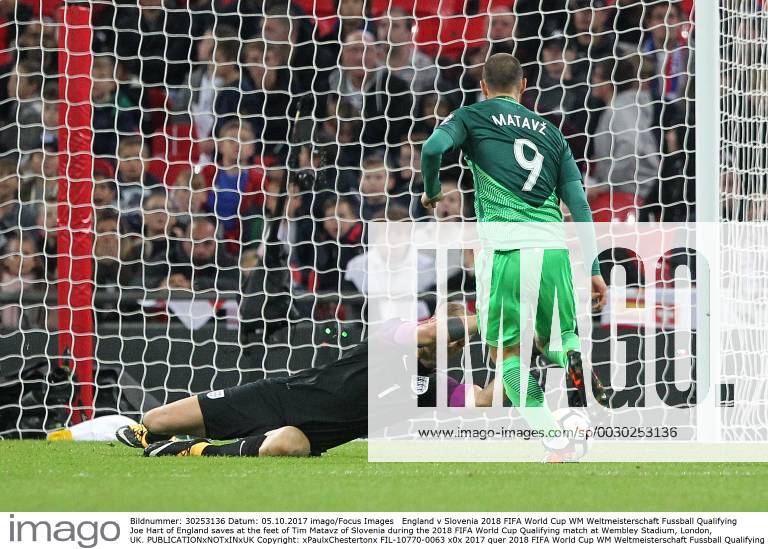 England v Slovenia 2018 FIFA World Cup WM Weltmeisterschaft Fussball Qualifying Joe Hart of England saves at the feet of Tim Matavz of Slovenia during the 2018 FIFA World Cup Qualifying match at Wembley Stadium, London, UK. Content Not Available For UK Newspapers