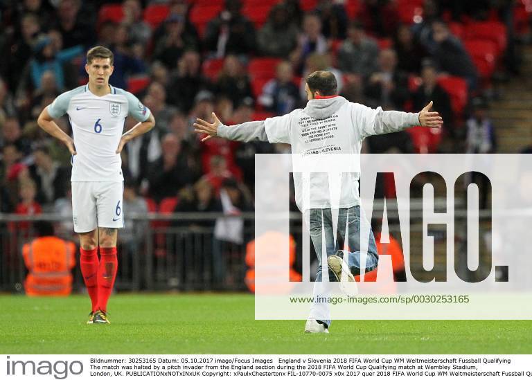 England v Slovenia 2018 FIFA World Cup WM Weltmeisterschaft Fussball Qualifying The match was halted by a pitch invader from the England section during the 2018 FIFA World Cup Qualifying match at Wembley Stadium, London, UK. Content Not Available For UK Newspapers