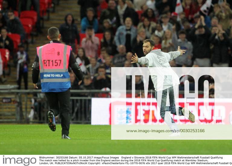 England v Slovenia 2018 FIFA World Cup WM Weltmeisterschaft Fussball Qualifying The match was halted by a pitch invader from the England section during the 2018 FIFA World Cup Qualifying match at Wembley Stadium, London, UK. Content Not Available For UK Newspapers