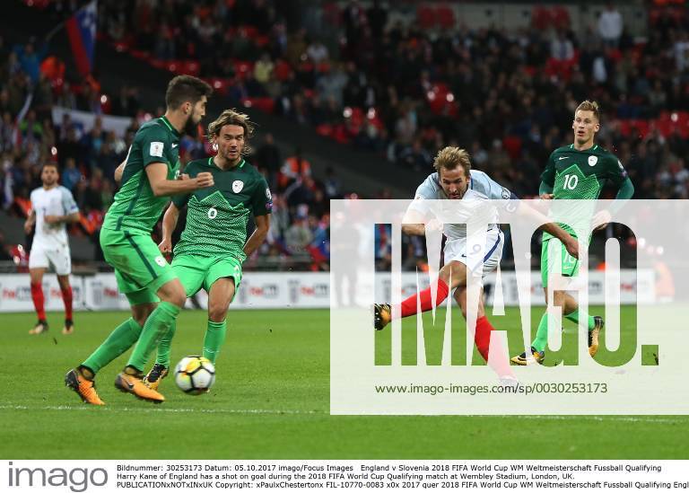 England v Slovenia 2018 FIFA World Cup WM Weltmeisterschaft Fussball Qualifying Harry Kane of England has a shot on goal during the 2018 FIFA World Cup Qualifying match at Wembley Stadium, London, UK. Content Not Available For UK Newspapers