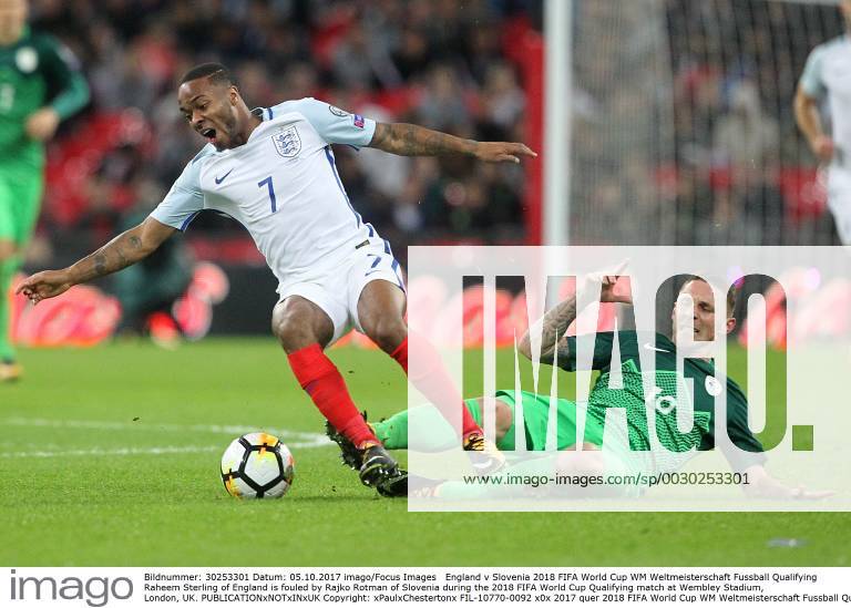 England v Slovenia 2018 FIFA World Cup WM Weltmeisterschaft Fussball Qualifying Raheem Sterling of England is fouled by Rajko Rotman of Slovenia during the 2018 FIFA World Cup Qualifying match at Wembley Stadium, London, UK. Content Not Available For UK Newspapers