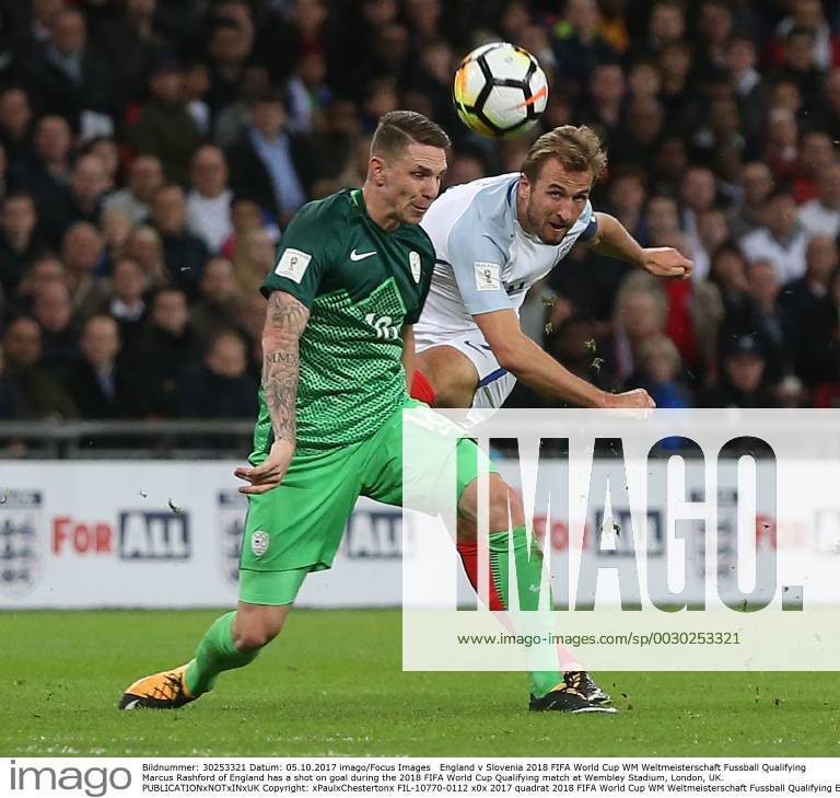 England v Slovenia 2018 FIFA World Cup WM Weltmeisterschaft Fussball Qualifying Marcus Rashford of England has a shot on goal during the 2018 FIFA World Cup Qualifying match at Wembley Stadium, London, UK. Content Not Available For UK Newspapers