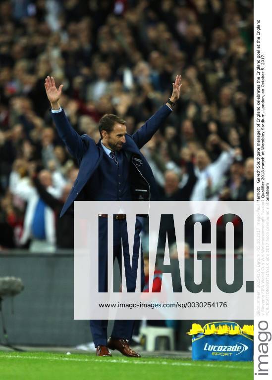 Gareth Southgate manager of England celebrates the England goal at the England v Slovenia FIFA World Cup WM Weltmeisterschaft Fussball Qualifier 2018 match at Wembley Stadium, London, on October 5, 2017.
