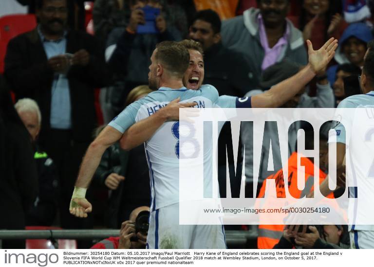 Harry Kane of England celebrates scoring the England goal at the England v Slovenia FIFA World Cup WM Weltmeisterschaft Fussball Qualifier 2018 match at Wembley Stadium, London, on October 5, 2017.
