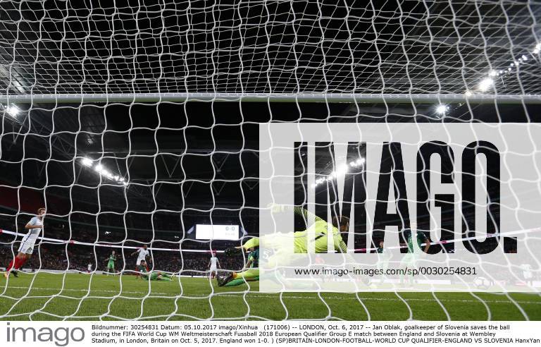 (171006) -- LONDON, Oct. 6, 2017 -- Jan Oblak, goalkeeper of Slovenia saves the ball during the FIFA World Cup WM Weltmeisterschaft Fussball 2018 European Qualifier Group E match between England and Slovenia at Wembley Stadium, in London, Britain on Oct. 5, 2017. England won 1-0. ) (SP)BRITAIN-LONDON-FOOTBALL-WORLD CUP QUALIFIER-ENGLAND VS SLOVENIA HanxYan