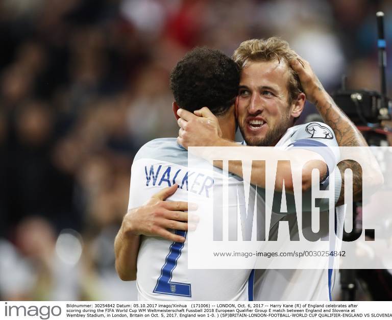 (171006) -- LONDON, Oct. 6, 2017 -- Harry Kane (R) of England celebrates after scoring during the FIFA World Cup WM Weltmeisterschaft Fussball 2018 European Qualifier Group E match between England and Slovenia at Wembley Stadium, in London, Britain on Oct. 5, 2017. England won 1-0. ) (SP)BRITAIN-LONDON-FOOTBALL-WORLD CUP QUALIFIER-ENGLAND VS SLOVENIA HanxYan