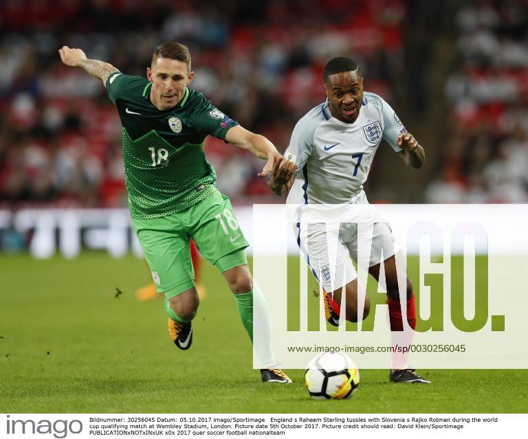 England s Raheem Sterling tussles with Slovenia s Rajko Rotman during the world cup qualifying match at Wembley Stadium, London. Picture date 5th October 2017. Picture credit should read: David Klein Sportimage .
