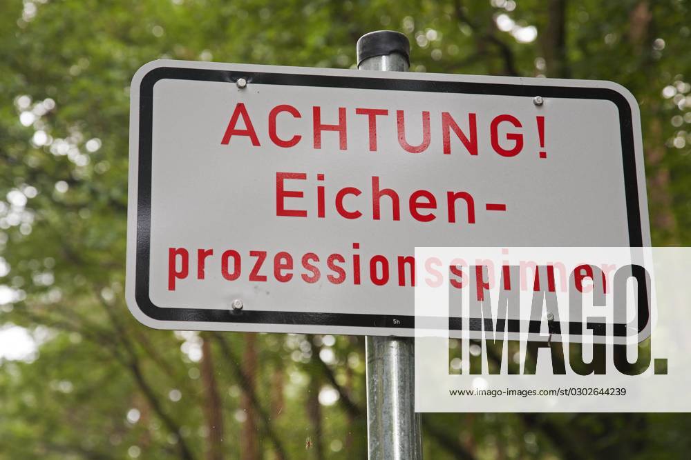 Warning sign for Oak Processionary Moth Thaumetopoea processionea in a Forest in Germany