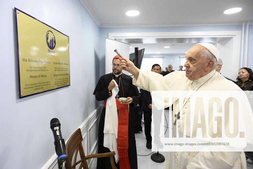 Pope Francis Visits Mongolia Pope Francis inaugurates the ?House of Mercy? in Ulaanbaatar, Mongolia on September 4, 2023 and addresses members of charitable organizations, celebrating their unwavering commitment to helping those in need, on the last day of his 4-day visit to Mongolia. The ?House of Mercy? is a homeless shelter and clinic and will also welcome survivors of domestic violence and their children, in a poor area of Ulaanbaatar. Photo: (EV) Vatican Media ABACAPRESS.COM Ulaanbataar Mongolia