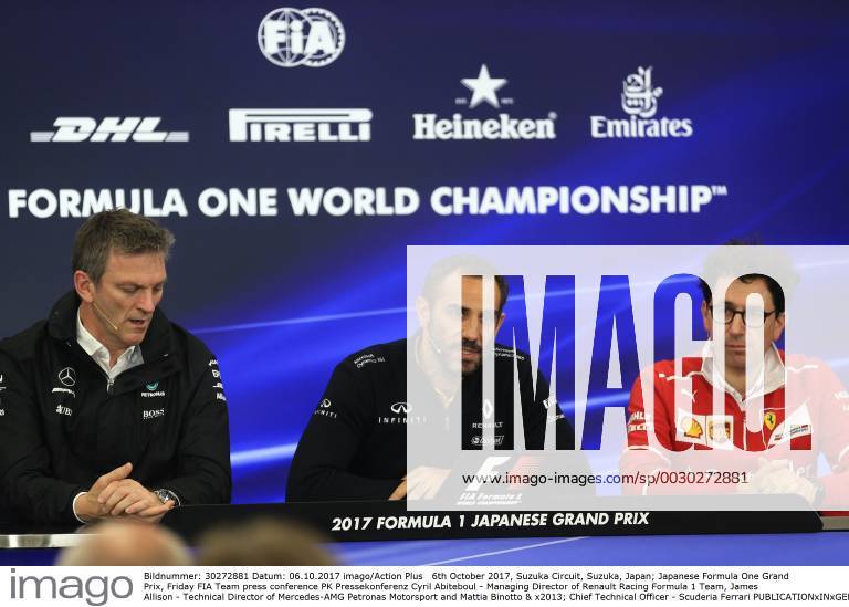 6th October 2017, Suzuka Circuit, Suzuka, Japan; Japanese Formula One Grand Prix, Friday FIA Team press conference PK Pressekonferenz Cyril Abiteboul - Managing Director of Renault Racing Formula 1 Team, James Allison - Technical Director of Mercedes-AMG Petronas Motorsport and Mattia Binotto & x2013; Chief Technical Officer - Scuderia Ferrari ActionPlus11938305