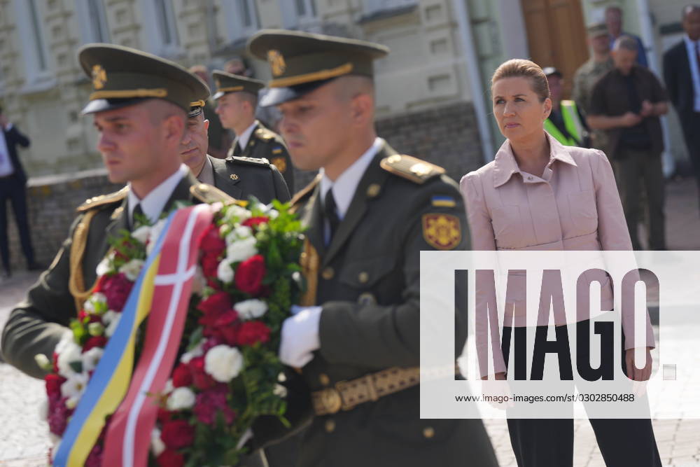 Denmarks Prime Minister Mette Frederiksen places a wreath at the memorial wall for fallen Ukrainian soldiers in Kyiv, Ukraine, Wednesday September 6, 2023 , Kyiv Denmark