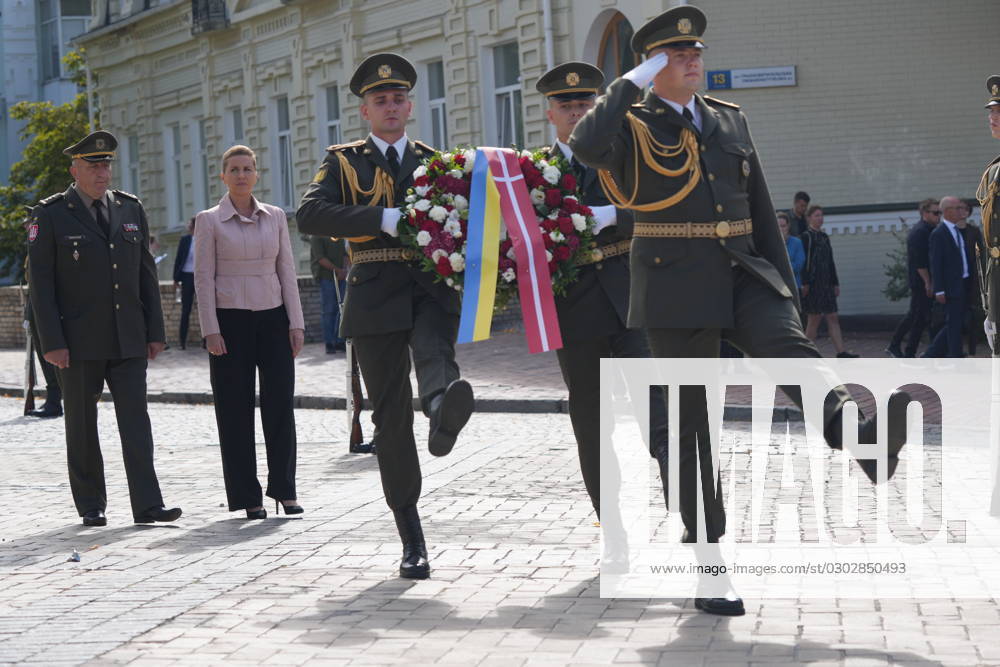 Denmarks Prime Minister Mette Frederiksen places a wreath at the memorial wall for fallen Ukrainian soldiers in Kyiv, Ukraine, Wednesday September 6, 2023 , Kyiv Denmark
