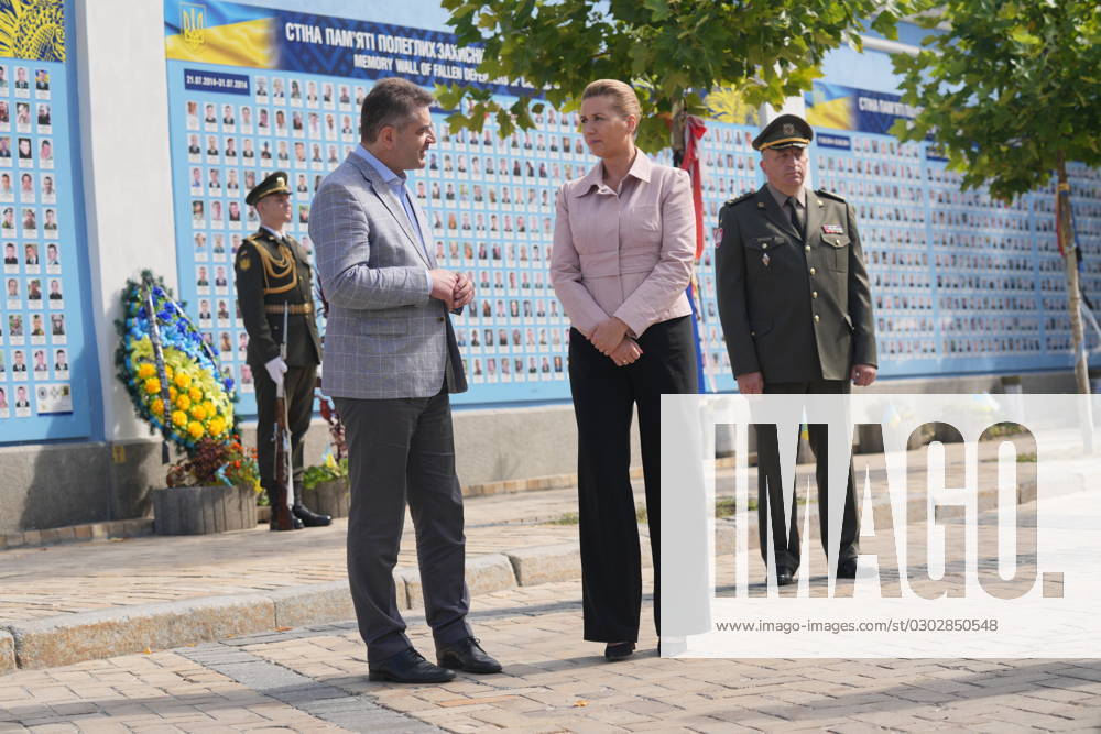 Denmarks Prime Minister Mette Frederiksen places a wreath at the memorial wall for fallen Ukrainian soldiers in Kyiv, Ukraine, Wednesday September 6, 2023 , Kyiv Denmark