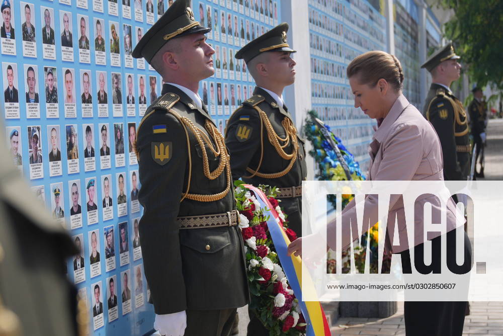 Denmarks Prime Minister Mette Frederiksen places a wreath at the memorial wall for fallen Ukrainian soldiers in Kyiv, Ukraine, Wednesday September 6, 2023 , Kyiv Denmark
