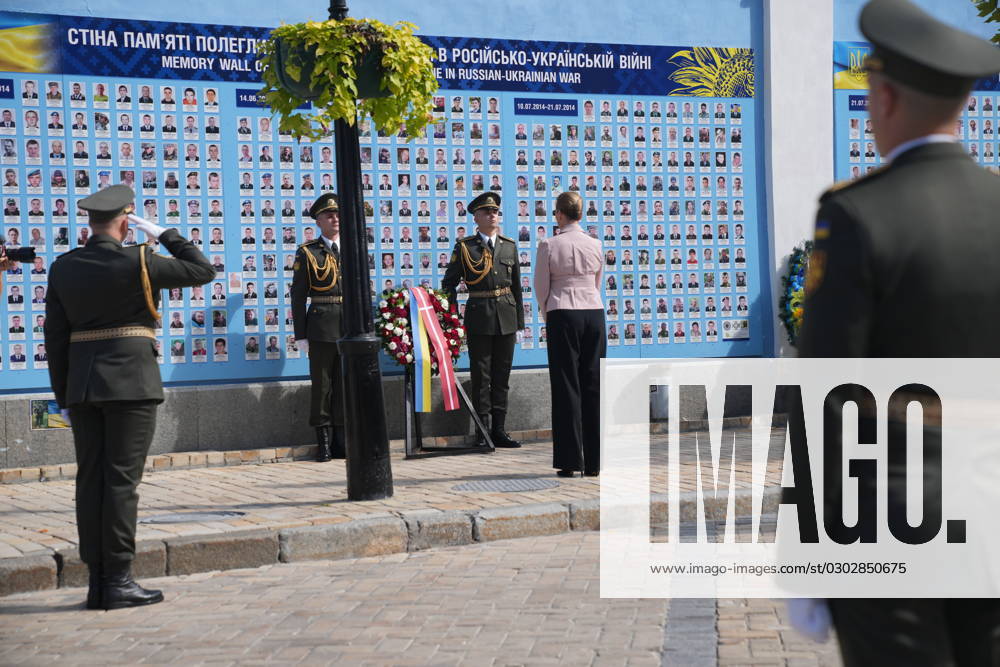 Denmarks Prime Minister Mette Frederiksen places a wreath at the memorial wall for fallen Ukrainian soldiers in Kyiv, Ukraine, Wednesday September 6, 2023 , Kyiv Denmark