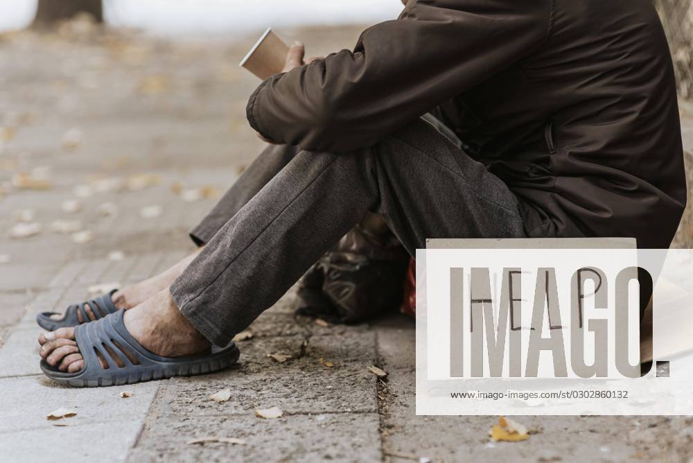 Side view Homeless person Man Street with Cup Help Character