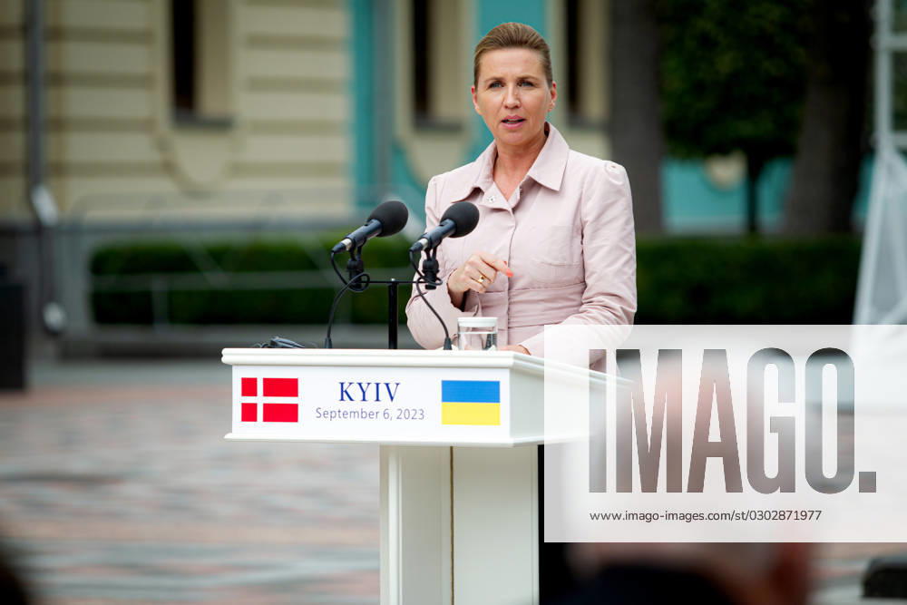 KYIV, UKRAINE - SEPTEMBER 6, 2023 - Prime Minister of the Kingdom of Denmark Mette Frederiksen attends a joint briefing with President of Ukraine Volodymyr Zelenskyy in Constitution Square, Kyiv, capital of Ukraine. Briefing of Ukrainian President and Danish PM in Kyiv