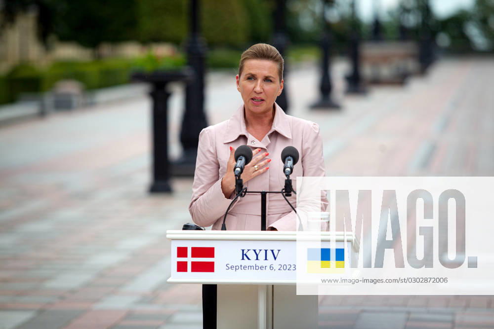 KYIV, UKRAINE - SEPTEMBER 6, 2023 - Prime Minister of the Kingdom of Denmark Mette Frederiksen attends a joint briefing with President of Ukraine Volodymyr Zelenskyy in Constitution Square, Kyiv, capital of Ukraine. Briefing of Ukrainian President and Danish PM in Kyiv