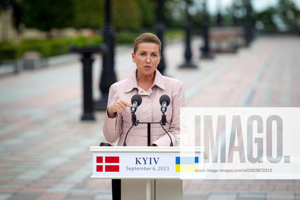KYIV, UKRAINE - SEPTEMBER 6, 2023 - Prime Minister of the Kingdom of Denmark Mette Frederiksen attends a joint briefing with President of Ukraine Volodymyr Zelenskyy in Constitution Square, Kyiv, capital of Ukraine. Briefing of Ukrainian President and Danish PM in Kyiv